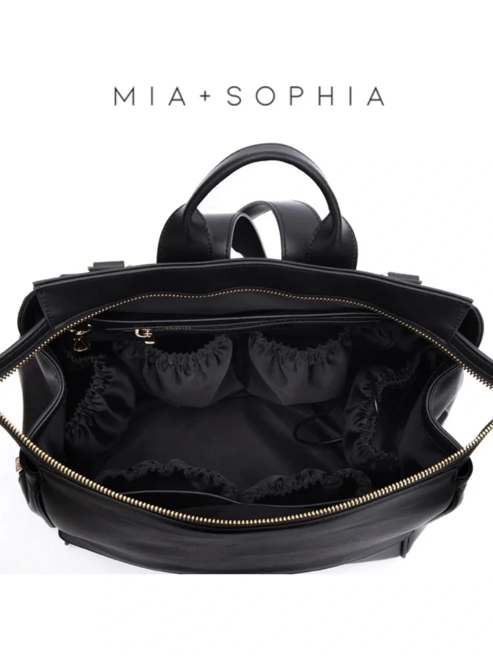 Mia + Sophia Black Faux Leather Diaper Bag Classic Minimalist Cute Baby Chic Bag
